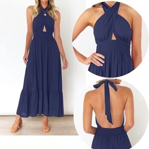 Blue Summer Halter Neck Plaid Cut Out Backless Maxi Dress - Brand New - Size XL